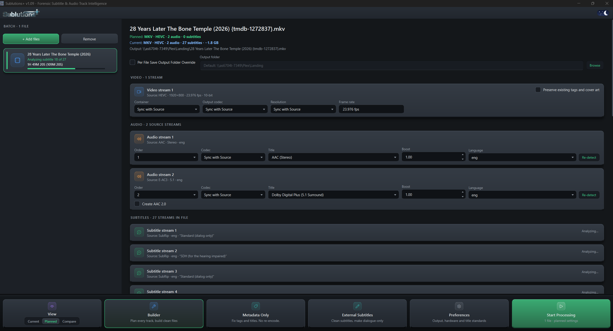 Sublutions+ app — Builder view with video, audio, and subtitle planning